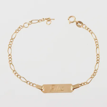 Armband med namnbricka, längd ca 14 cm, bredd ca 2-5 mm, 18k. Vikt: 1 g