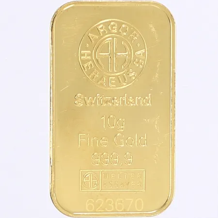 Guldtacka Argor Heraeus, serienummer: 623670, ej plomberad, repig, finguld 999,9, 24K Vikt: 10 g