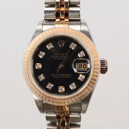 Damur, Rolex Datejust, guld/stål,  automatisk, Ø26mm, diaindex, datum, safirglas,serie nr: P383253, referens nr. 79173, box, extra länkbitar, extra urtavla