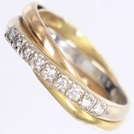 Ring med diamanter totalt 0,15ctv enl. gravyr, stl 16½, bredd 5mm, rödguld/vitguld/roséguld, 18K Vikt: 3,2 g