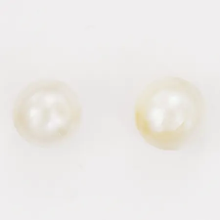 Ett par örhängen med odlade saltvattenpärlor, Ø ca 7 mm, hårt slitage, 18K guld. Vikt: 1,7 g