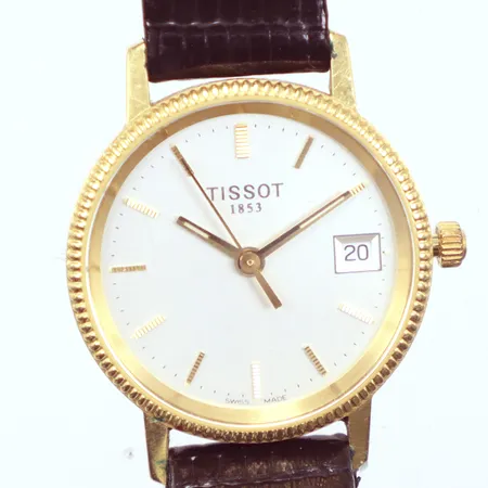Damur Tissot,  behov av batteribyte, skinnband, gravyr, bruttovikt 16,4gr, 18k Vikt: 16,4 g