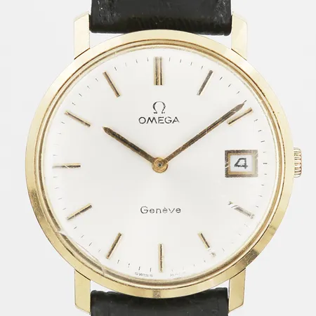 Herrur Omega, Genéve, 18K, manuell, Ø34mm, datum, läderband, skadat/sprucket plexiglas, gravyr, bruttovikt: 35,7g