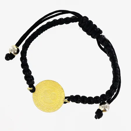 Armband, mynt, Ø18mm, justerbar rem 80x60cm - 45x45mm, tygband och metall, 18K, bruttovikt 4,6 gram. Vikt: 4,6 g