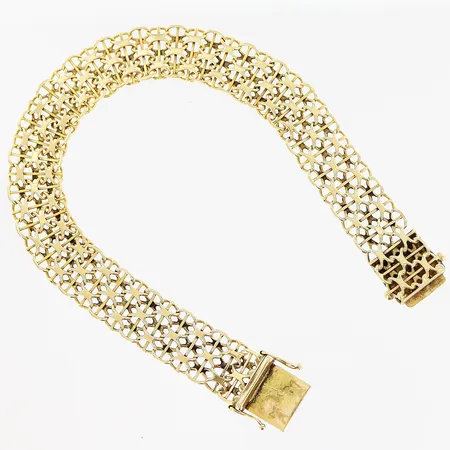 Armband, X-länk med stav, 20,5cm, bredd 12mm, smärre skevheter, defekt vid lås, 18K.  Vikt: 19,1 g