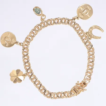 Armband, Bismarck med fem berlocker, längd17,5cm, bredd 5,5mm, 18K Vikt: 15,3 g