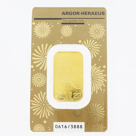 Tacka, Argor-Heraeus, serienr 0616/3888,Schewiz, 32x17mm, bruten försegling, 999,9/1000, 24K Vikt: 10 g
