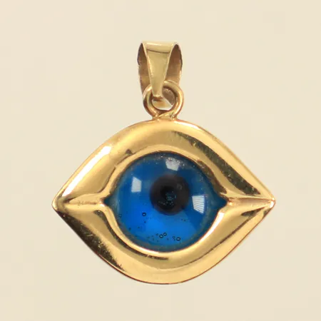 Hänge med blå sten, längd inkl ögla ca 17mm, bredd ca 16mm, 14K Vikt: 1,8 g