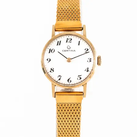 Damur Certina i 14K guld med band i metall (justerbar längd). Manuell, boett Ø 22 mm. Svaga repor på plexiglas.   Vikt: 0 g
