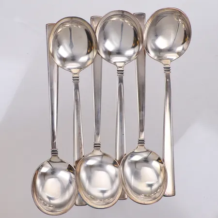 Sex kompottskedar, modell Paris, längd 17cm, gravyr, MEMA Silver 830/1000  Vikt: 267,3 g