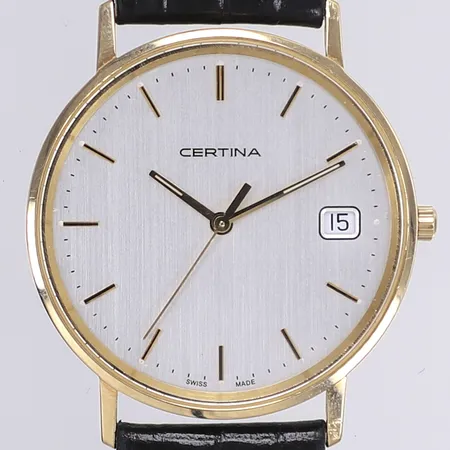 Herrur Certina, Ø33,5mm, quartz, tjänstegravyr, 14K i boett, slitet läderband, med box och cert 2013, 14K Bruttovikt: 28,3g