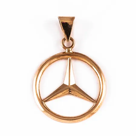 Hänge Mercedes i 14K guld. Det är 15 mm brett, 22 mm långt inklusive ögla och väger 0,5g.