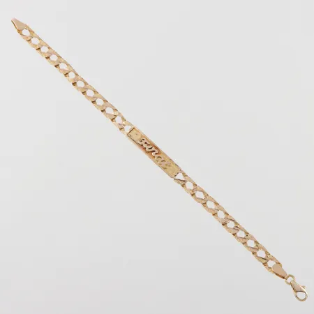 Armband med namnbricka, längd ca 18.5 cm, bredd ca 6.3 mm, 14k. Vikt: 8,4 g