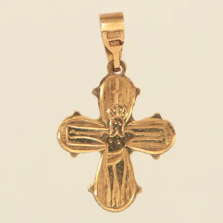 Hänge kors, längd 25mm inklusive ögla, bredd 15mm, 14K  Vikt: 0,8 g