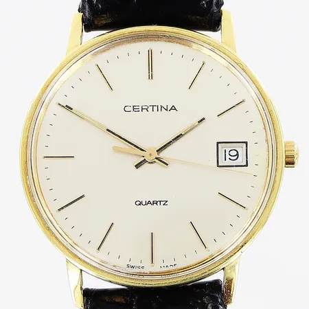 Herrur Certina, 18K, quartz, Ø 33mm, vit urtavla, datum, sekundvisare, läderband med slitage, ej original, gravyr, i behov av batteribyte, bruttovikt 30,0g, inga tillbehör.