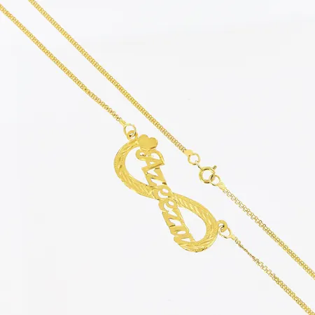 Collier, integrerat namnhänge "Azeeza", 44,5cm, bredd 1,5-17mm, skevheter, tillverkningsdefekt, 21K.  Vikt: 6,3 g