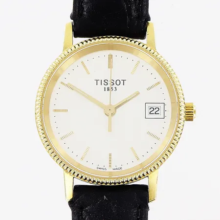 Damur Tissot, 18K, quartz, Ø24mm, vit urtavla, datum, sekundvisare, fungerar ej, läderband 21,5cm, repor på boett, bruttovikt 17,1g, inga tillbehör.