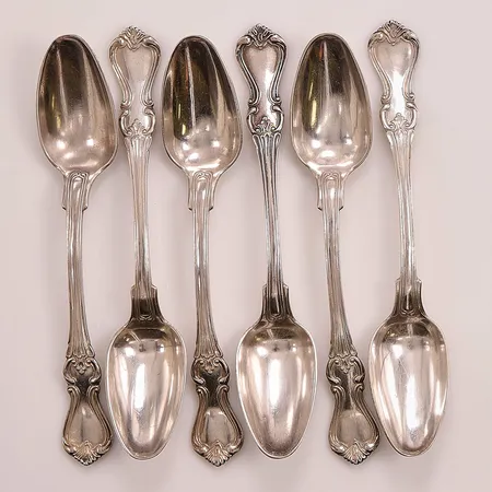 6 Kaffeskedar, 14cm, gravyr, 830/1000 Silver 124,9g.