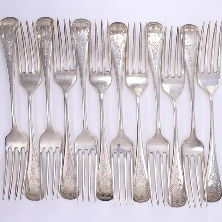 12 gafflar, 19,5cm, tillv. Birks, Kanada, gravyr, silver 925/1000 Vikt: 745,6 g