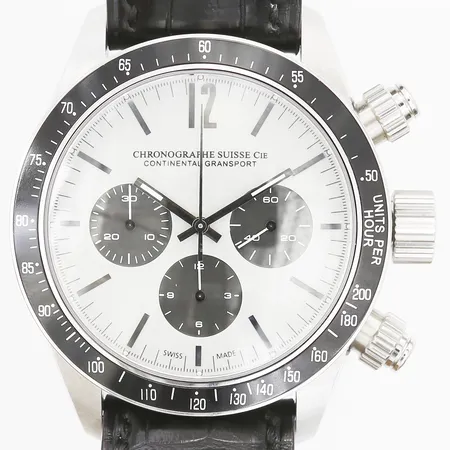 Herrur Chronographe Suisse Cie Continental Gransport, stål, automatisk, ref-nr: CG 52301 Gb-BA, serie-nr:csc-522-000 156, stål med läderarmband, 2 stycken Nato armband , svart och vit, 1 st. gummiarmband, Ø45mm, manual, certifikat inköpt i Paris 2009-02-04, tillhörande box, ytterkartong.