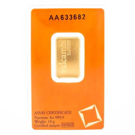 Finguldstacka Valcambi Suisse 10g 24K (999,9/1000) Nr. AA633682. Plomberad.