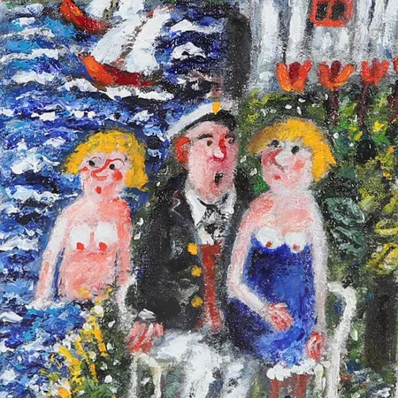 Tavla, olja på duk uppklistrad på blå bakgrund, Sven Lidberg, skärgårdsmotiv, signerad, bildstorlek ca 16 x 23 cm, rammått 34 x 44 cm, skador på ram, ej examinerad ur ram.