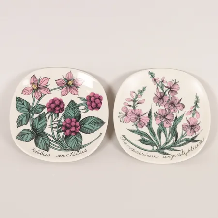 Två väggtallrikar ur serien Botanica, (Chamaenerion angustifolium samt Rubus arcticus) formgivna av Esteri Tomula för Arabia år 1982, ca 12 x 12 cm, lergods.