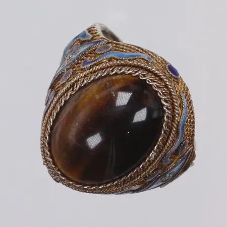 Bijouteri, ring med emaljdetaljer och sten, troligen tigeröga, stl 16½ justerbar skena, 3-19mm, okänd metall
