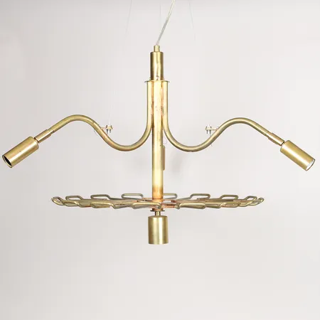 Taklampa, "Karamell", mässing, formgiven av Jonas Bohlin för Örsjö belysning, för ca 16 glas, fyra ljuspunkter, Ø 49 cm, höjd: ca 45 cm, sladdlängd: ca 190 cm, etikettmärkt, bruksslitage, ej funktionstestad, nypris: 34.500:- Specialfrakt, kontakta pantbankskontoret för mer information.