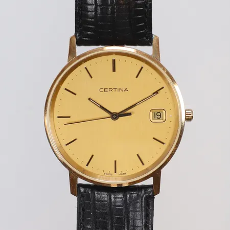 Herrrur Certina Ø33mm, quartz, #EOL158.9289.65, 14K i boett, med läderband, gravyr, defekt, 14K bruttovikt 29,5g 