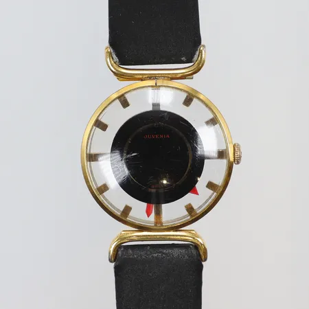 Herrur Juvenia, Ø30mm, manuell,  mystery dial, 1970-tal, läderband, repig, spricka i kransen, ej funktions testad