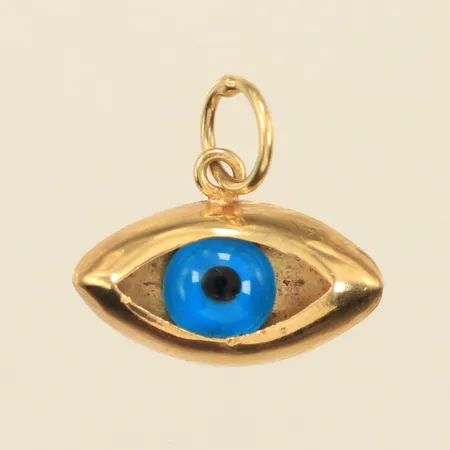 Hänge med plastöga, längd 16mm inklusive ögla, bredd 16mm, bucklig, 14K  Vikt: 0,9 g