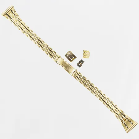 Klockarmband, längd: 14 cm, viklås, extra länkbitar, bredd: 6 - 12 mm, slitage, 18K guld. Vikt: 18,6 g