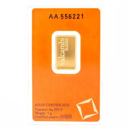 Finguldstacka Valcambi Suisse 5g 24K (999,9/1000) Nr. AA556221. Plomberad. 