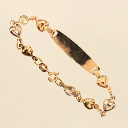 Armband med platta, hjärtan och vit sten, längd 14cm, bredd 5,8-6,8mm, tvåfärgat, 18K  Vikt: 4,1 g