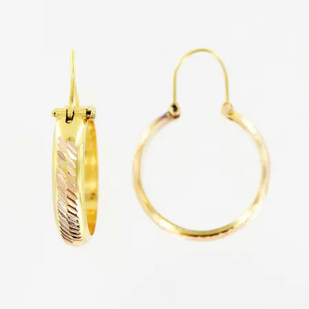 Ett par örhängen, creoler, mönstrade, Ø18mm, bredd 4mm, skev krok, lagning i metall, 14K.  Vikt: 2,5 g