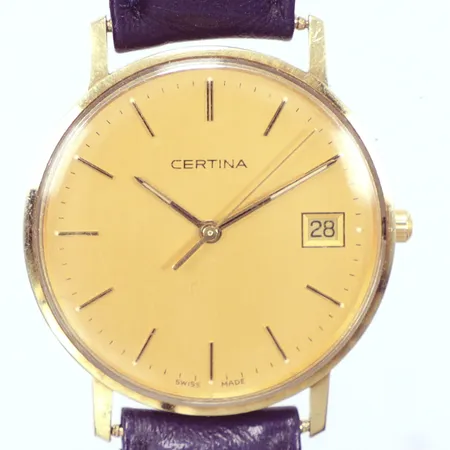  Herrur Certina,  Ø33,5mm, behov av batteribyte, 14k,  skinnband, bruttovikt 28gr   Vikt: 28 g