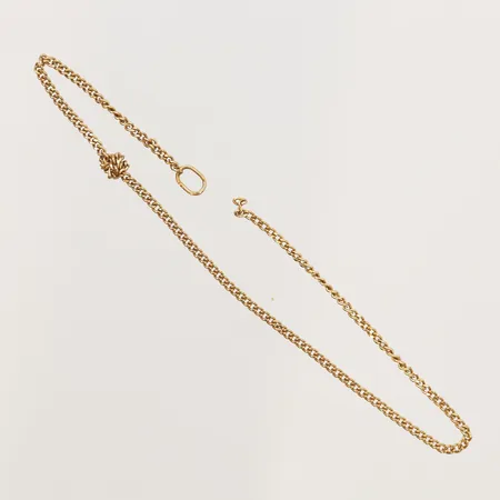 Del av kedja, Pansar, längd: 13 cm, bredd: 1 mm, defekt, knut, saknar stämplar, 18K guld. Vikt: 0,6 g