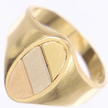 Klackring, trefärgad dekor, stl 19, bredd 3-16mm, slitage, 18K Vikt: 6,9 g