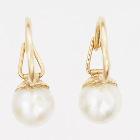Ett par örhängen med odlade saltvattenpärlor, höjd: 11 mm, bredd: 1 - 7 mm, 18K guld. Vikt: 1,1 g