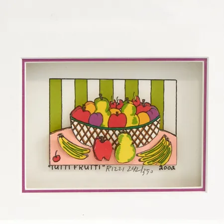 Blandteknik med 3D-motiv, "Tutti Frutti", James Rizzi, rammått: 27x23cm, bildmått: 11x8cm, signerad samt numrerad 242/350 i blyerts, 