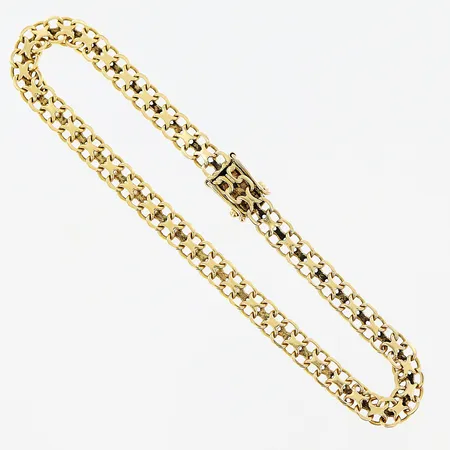 Armand, X-länk, 19,5cm, bredd 5mm, slitage vid lås, trög låsåtta, 18K.   Vikt: 6,7 g