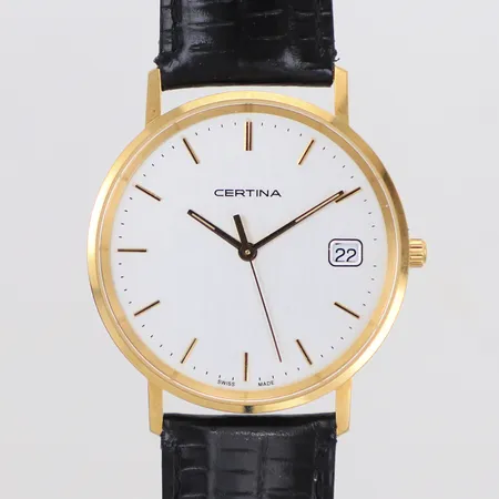 Herrur Certina, Ø33,4mm, 18K, läderband, datum, gravyr 201, inga tillbehör. Bruttovikt 29,8g