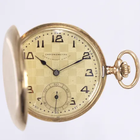 Fickur, Chronometre Corgemont Watch, Ø48mm, manuell, savonette, innerboett i metall, gravyr daterad 1932, bucklig, tickar men ej testad för tidshållning, 14K Bruttovikt: 66,5g