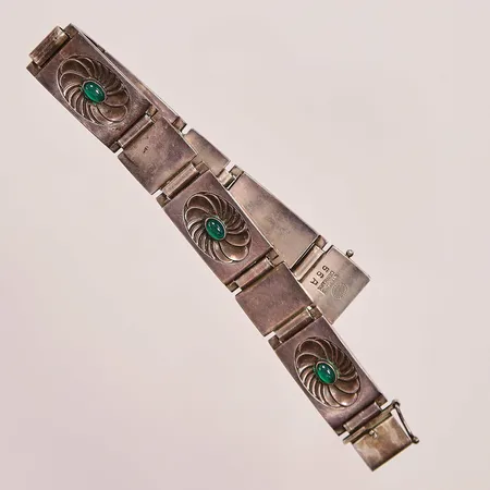 Armband Georg Jensen, modell:56A, 18,5cm, bredd:12mm, gröna stenar, 925/1000 Silver 49,6g.
