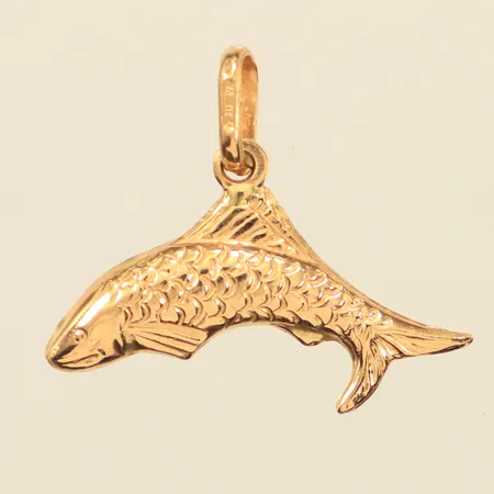Hänge fisk, längd 18mm inklusive ögla, bredd 22mm, 18K  Vikt: 1,1 g