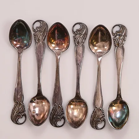 6 Kaffeskedar, 10cm, 830/1000 Silver 82,4g.