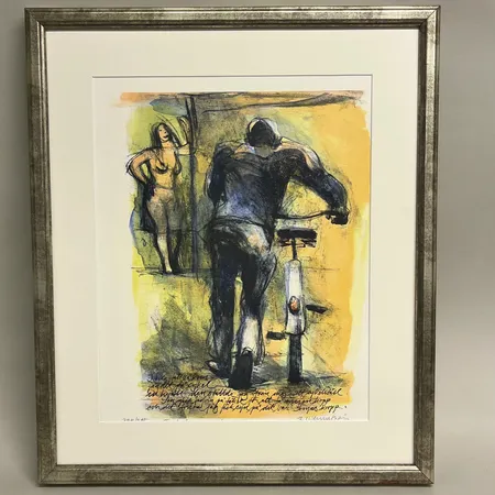 Tavla, färglitografi 228/295', Text Cornelis Vreeswijk: "I alla fall så kom jag dit på cykel en kväll, den ställde jag ifrån mig i ett cykelställ, sen gick jag in på fiket för att få mig en kopp och det första jag fick syn på var Sonjas kropp", signerad Berndt Wennström, bildmått 43x34cm, saknar glas  Skickas med postpaket.