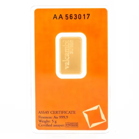 Finguldstacka Valcambi Suisse 5g 24K (999,9/1000) Nr. AA563017. Plomberad.