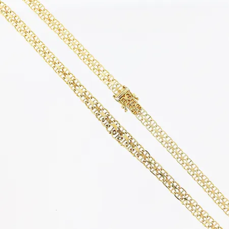 Collier, doserad X-länk med stav, 46cm, bredd 5-6,5mm, skevheter, 18K.  Vikt: 15,4 g